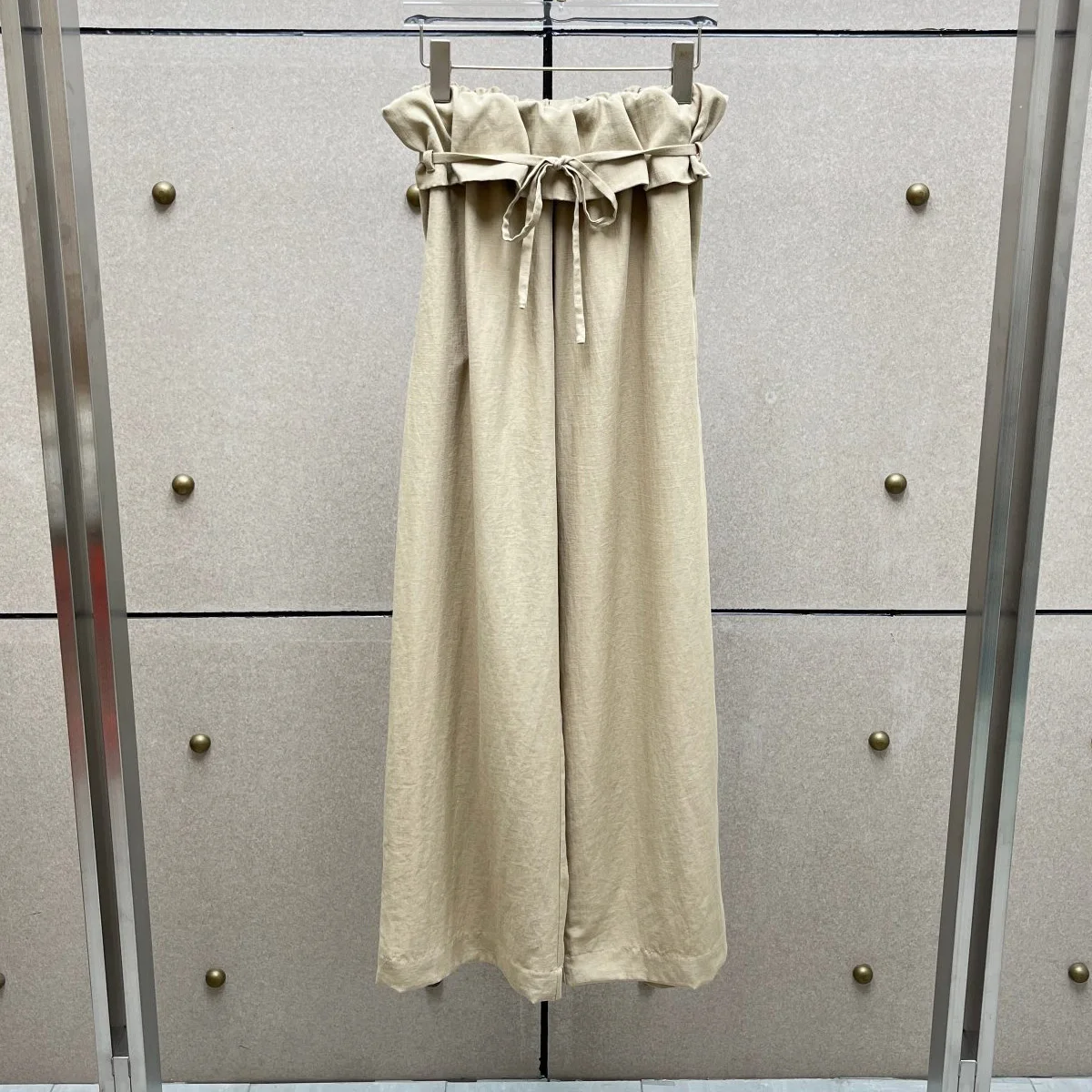 High Quality Women Paperbag Waist Wide Leg Pants Self‑Tie Belt Elastic Waistband Loose Solid Color Long Trousers