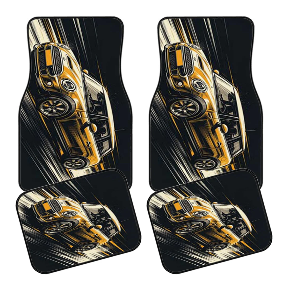 5pcs Car Floor Mats, Trunk Mat With Dynamic Golden Sports Car Speeding Pattern, Material, All-Weather Protection, Anti-Slip Back