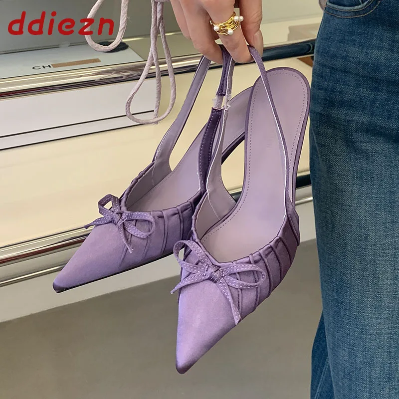 

Новые модные шелковые босоножки 2026 года: женские туфли на высоком каблуке, туфли-лодочки, слингбэки с бантом-бабочкой, туфли с острым носком на тонком каблуке для женщин