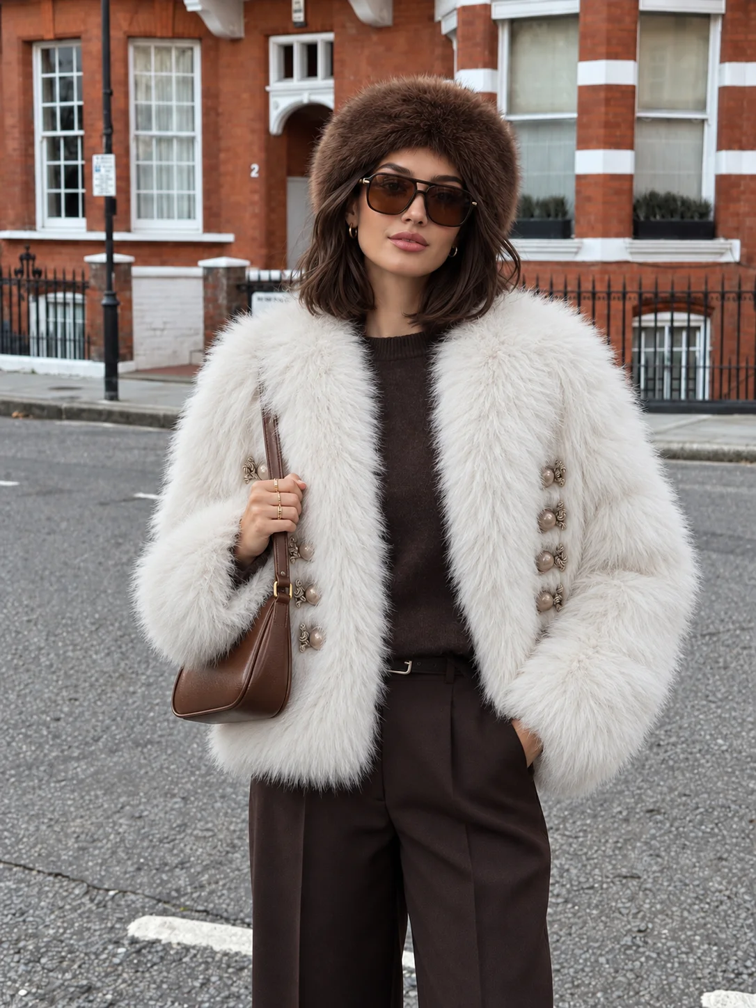 Luxury Decorative Button Faux Fox Fur Jacket Women Fluffy Long Sleeve Cropped Coat V Neck Warm Vintage Chic Furry Outerwear Coat