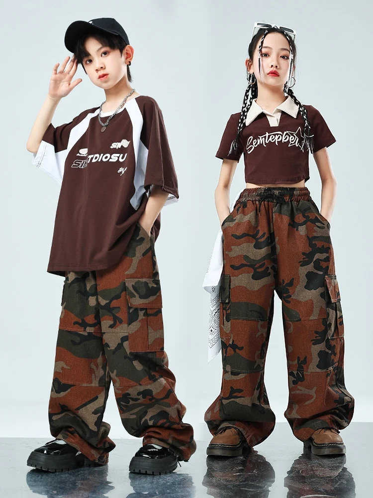 Modern Dance Clothes For Kids Hip Hop Costume Girls Crop Tops Camouflage Pants Summer Jazz Performance Suit Boys Wear BL12725