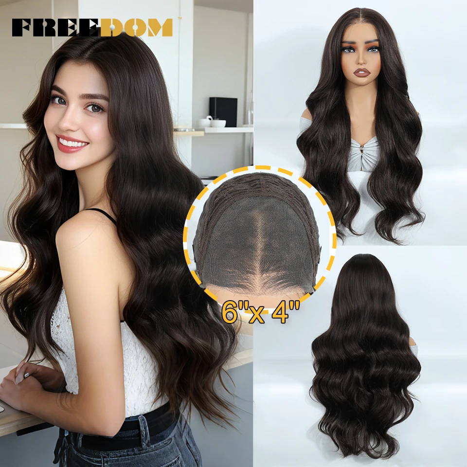 

FREEDOM Synthetic Lace Front Wigs For Woman Long Body Wave Lace Wig Ombre Brown 6x4 Pre Plucked Pre Cut Wear and Go Glueless Wig