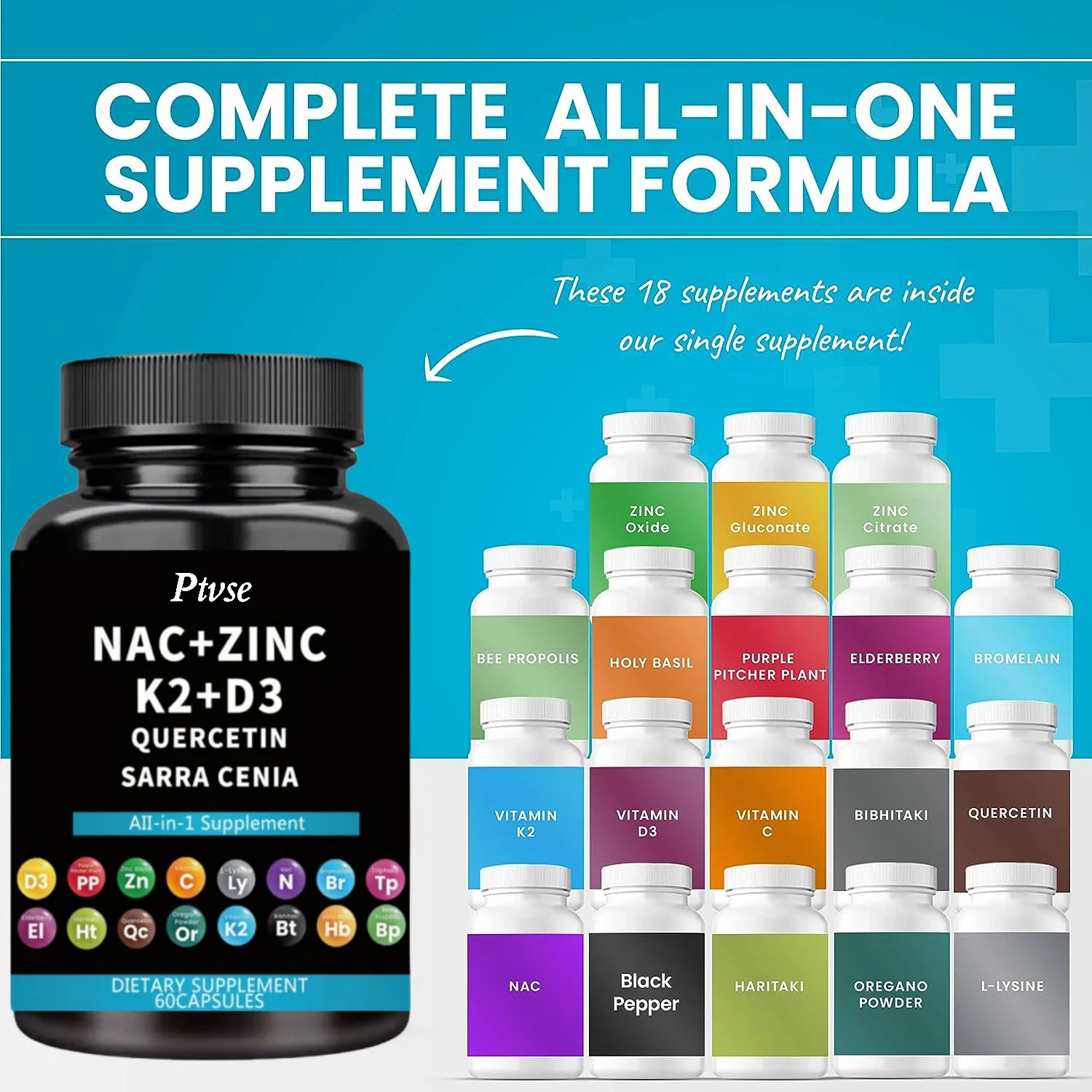 NAC is rich in high-quality N-acetylcysteine NAC 1000mg supplement with added vitamin D3+K2, zinc complex, and quercetin 1000mg