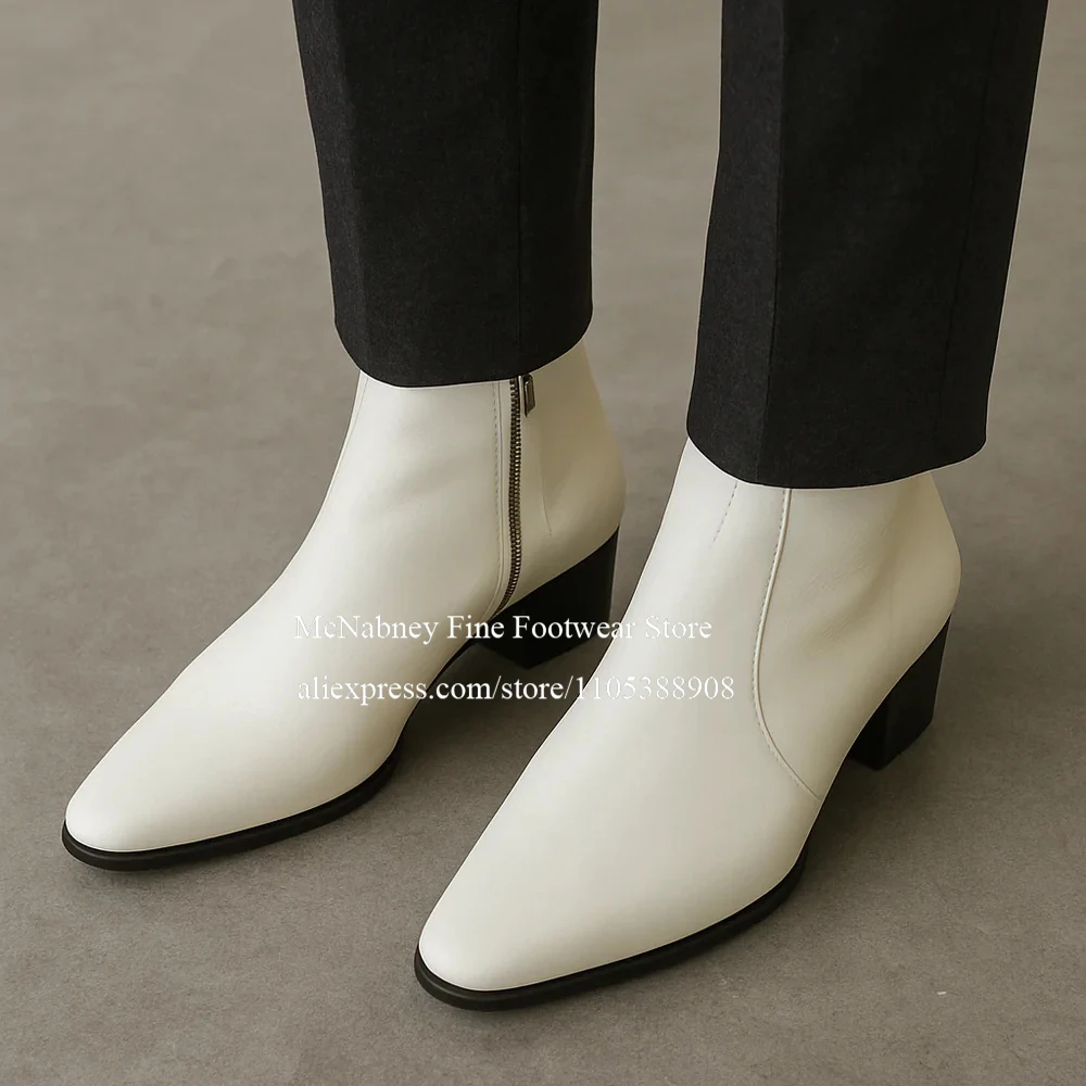 Leather Ankle Boots with Side Zipper Chunky Heel Pointed Toe Handmade Men Dress Boots for Formal Casual Evening Party Plus Size