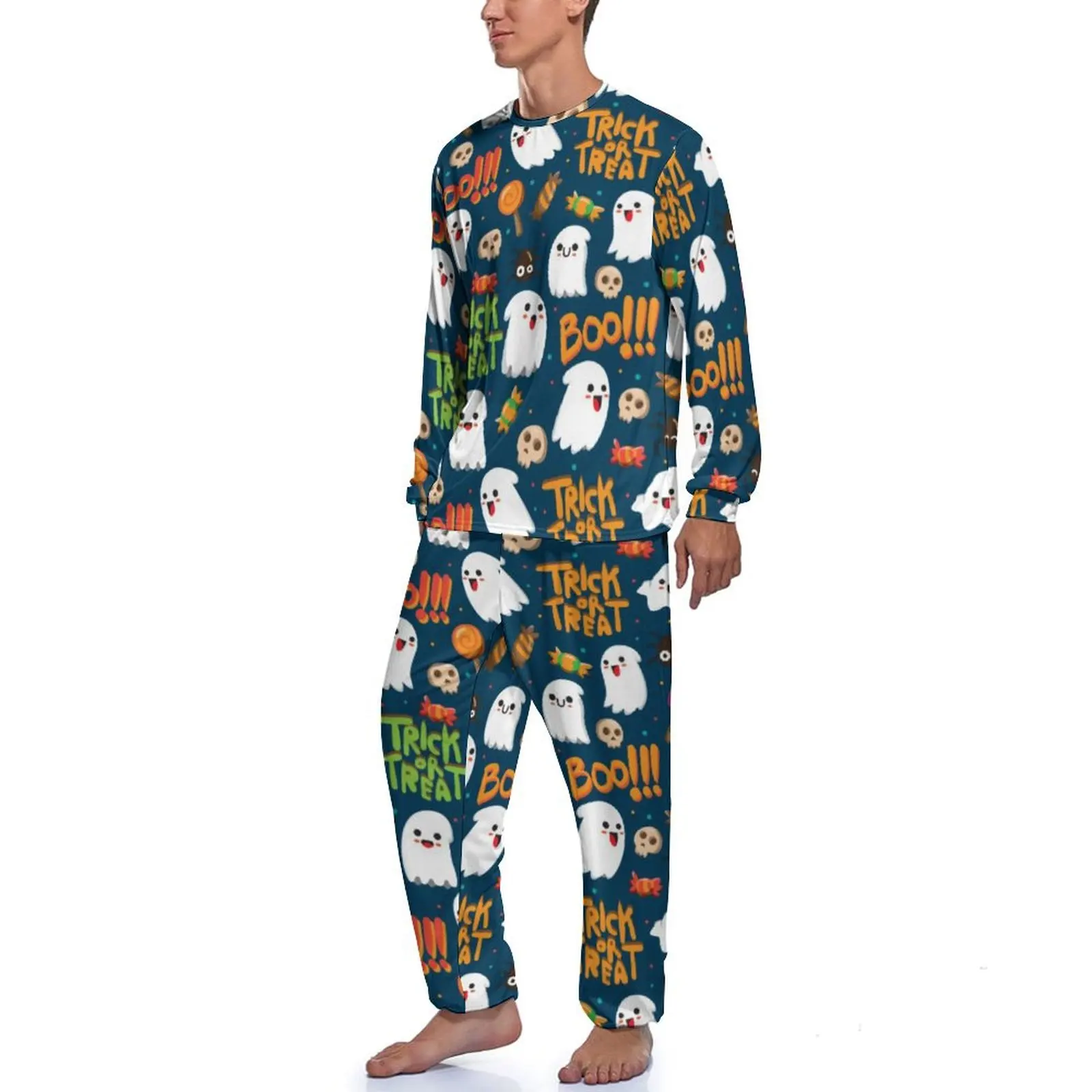 Cute Halloween Pajamas Long Sleeve Funny Ghosts Print 2 Piece Bedroom Pajama Sets Spring Mens Design Elegant Home Suit