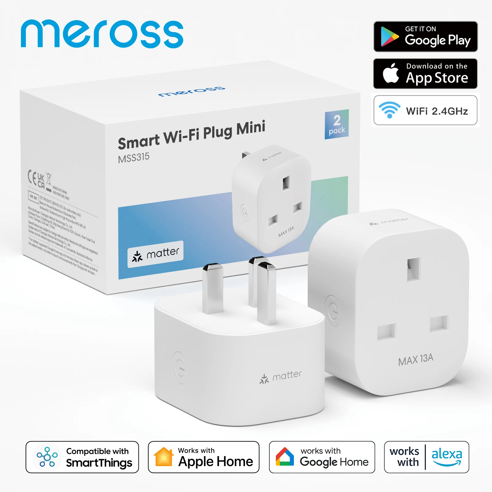 Meross 2 Pack 16A Matter Smart WiFi UK Plug with Energy Monitor Timer Function Support Apple Homekit Google Alexa Smartthings