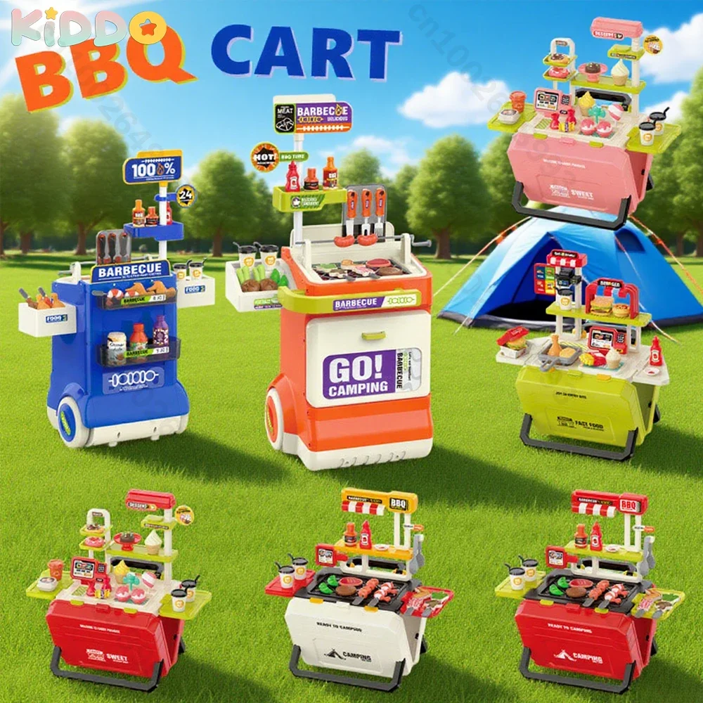 Kids Pretend Play Kitchen Toys Tableware Spray Barbecue Trolley  BBQ Candy Suitcase Role-Playing Toys Light Sound Simulate Set