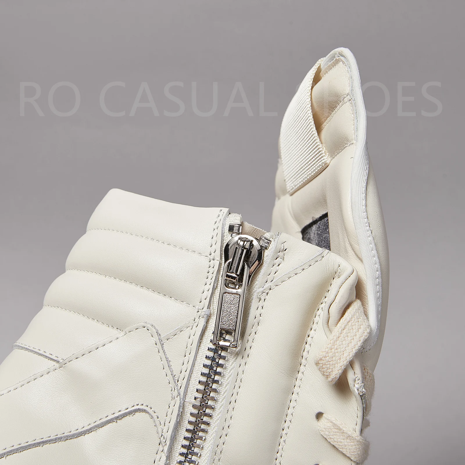 Ricks Genious Beige Leather High Top Geobasket Owens Quality Men Shoe Zipper Women Sneaker Casual Owens Design boots & Shoes