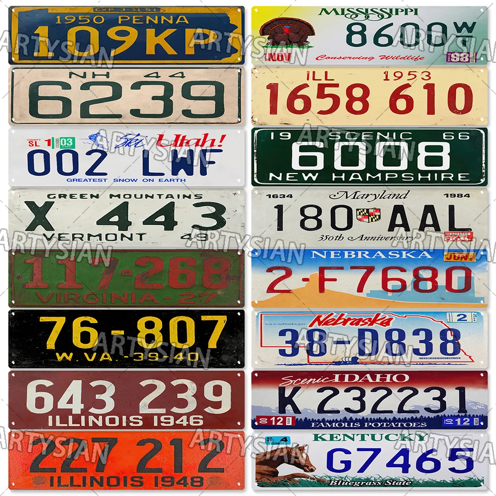 US State Metal Sign Vintage Truck Vehicle Trailer Tractor Car Number Plate Metal Tin Sign Wall Decor Vermont NY Utah VA NH