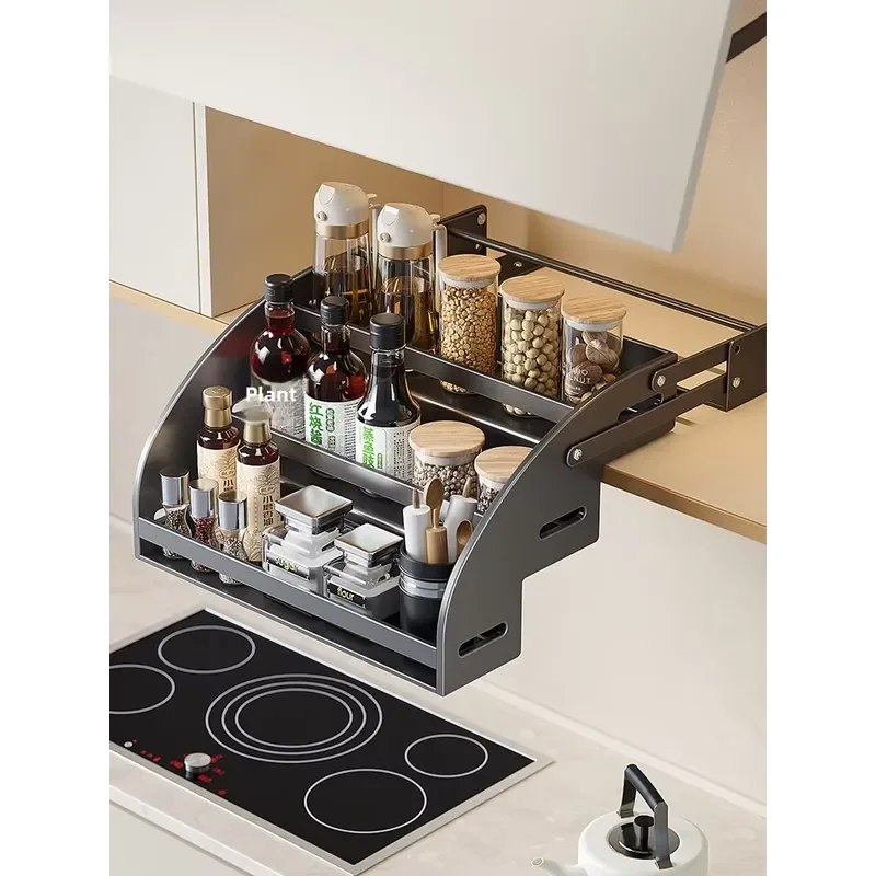 Nordic style kitchen wall cabinet lift basket cabinet pull-down seasoning rack seasoning appliance storage rack
