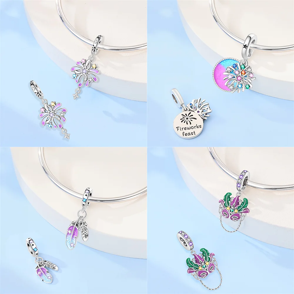 Silver-Plated Pink Flower Charms Beads Fit Original Bracelets Bag Keychain Earring Pendant Diy Women Jewelry Gift