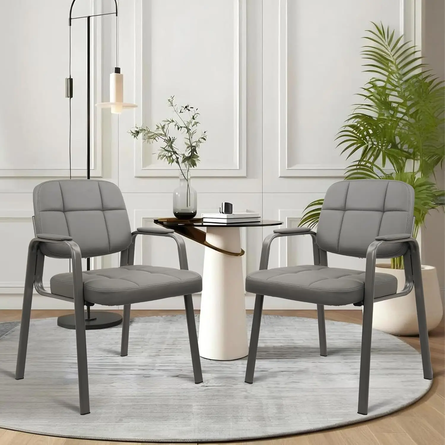 Waiting Room Guest Chair with Bonded Leather Padded Arm Rest for Office Reception and Conference Desk(Grey 2 Pack)