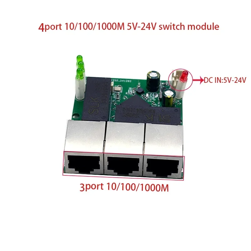 3/4port Gigabit switch module 5V-24V is  PCBA board 3/4port 10/100/1000m contact port mini switch module din 4pin cable