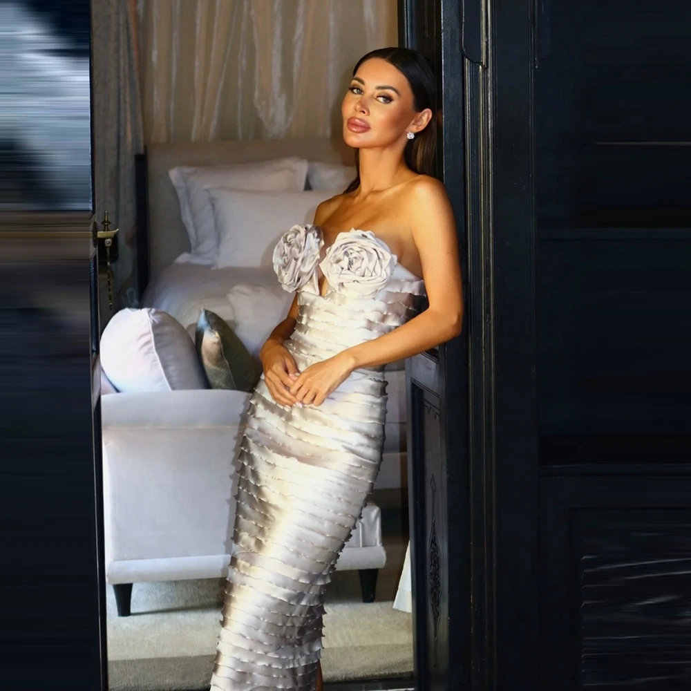 Modna suknia wieczorowa bez ramiączek, w stylu syreny, z kwiatowym wzorem, elegancka satynowa sukienka na studniówkę z falbanami i warstwami, luksusowa taftowa suknia na formalne przyjęcia.