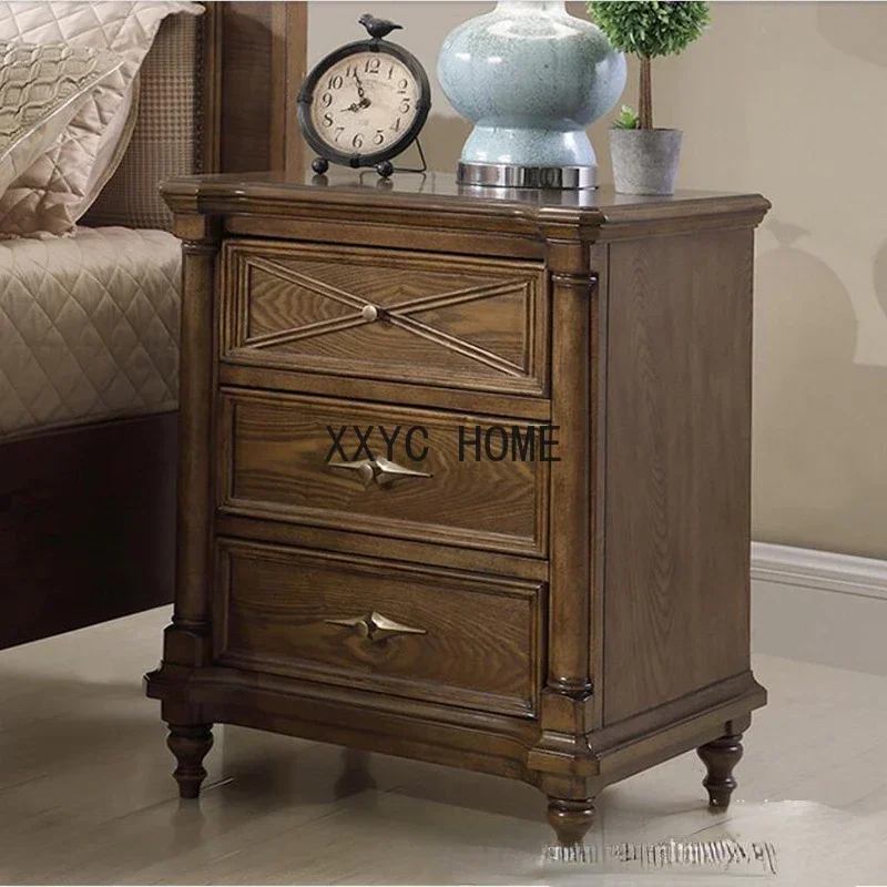 Solid Wood Bedside Cabinet American Simple Three-Bucket Cabinet Locker Bedroom Retro Bedside Drawer Storage Cabinet