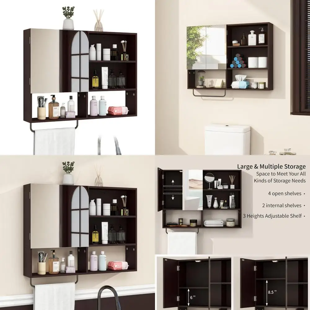 

Espresso Wooden Over-the-Toilet Storage Cabinet with Mirror, 2 Doors, Adjustable Shelves & Towel Bar