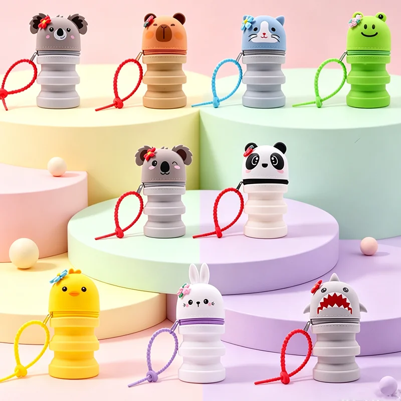 1PCS Cute Animal Retractable Silicone Pencil Pouch Expandable Zipper Pen Bag with Hand Strap for Boys Girls School Supplies Gift