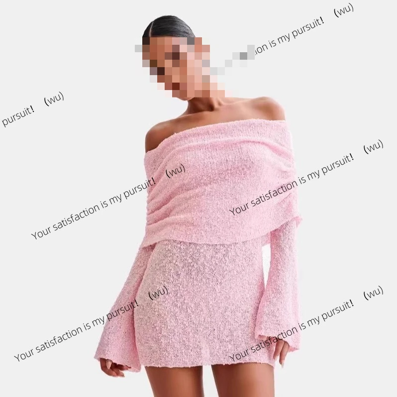 ヨーロッパとアメリカの女性向けニットウェア、ショートビーチスカート、セクシーな透け感のある長袖ショルダードレス