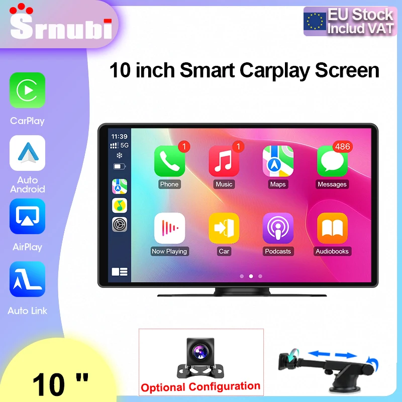 Srnubi 10" Schermo Smart per Auto Portatile Wireless con Carplay, Lettore Multimediale Video, Radio Android Auto per Apple Android Stereo AUX/FM