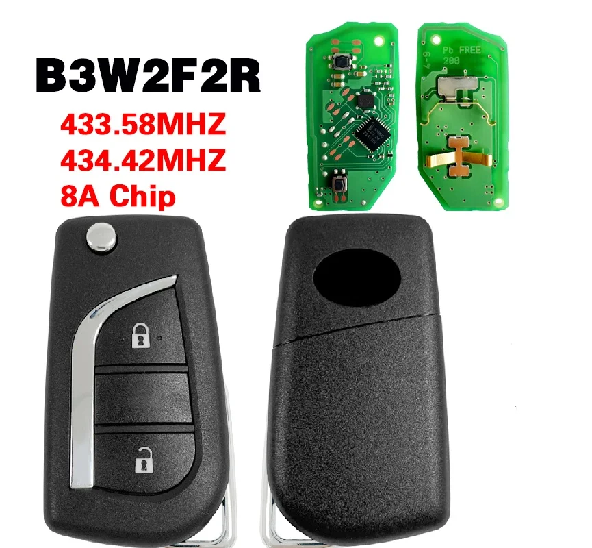 CN007347 OEM PCB FCC B3W2F2R 2 Button Flip Remote Key Fob Toyota Aygo, Avensis, Yaris (2019+)  433.58/434.42MHZ 8A chip