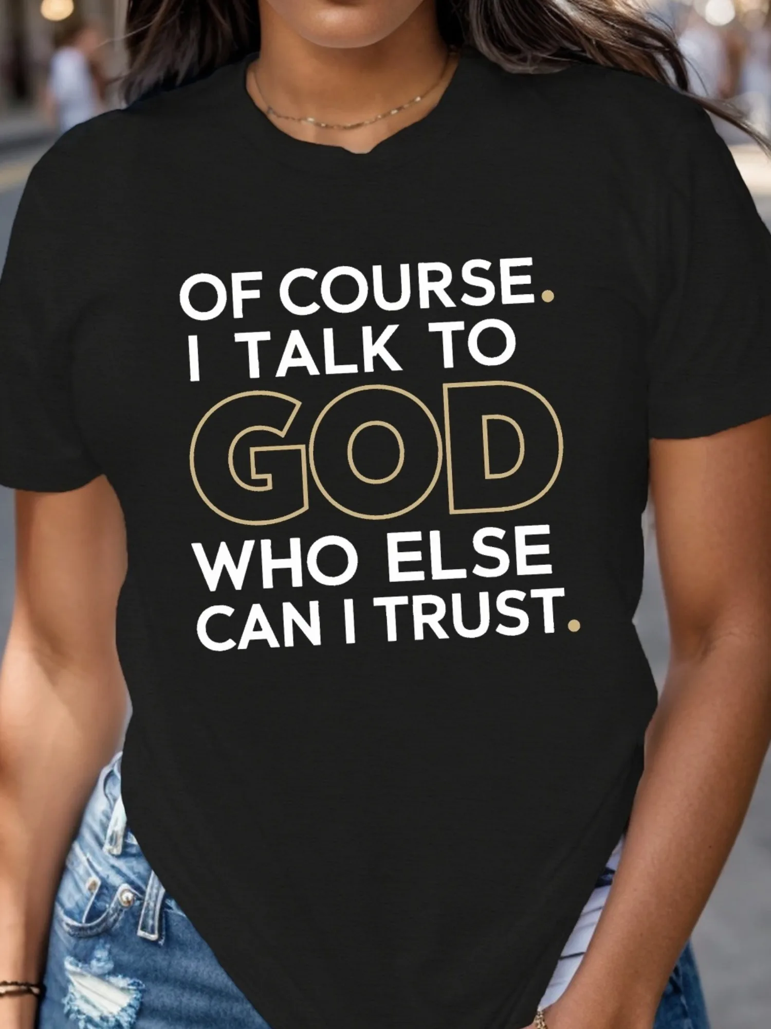 

God Trust Women's Elegant Comfortable T-Shirt with Bold "Trust God" Letter Print - Black & White/Yellow Contrast, Round Neck