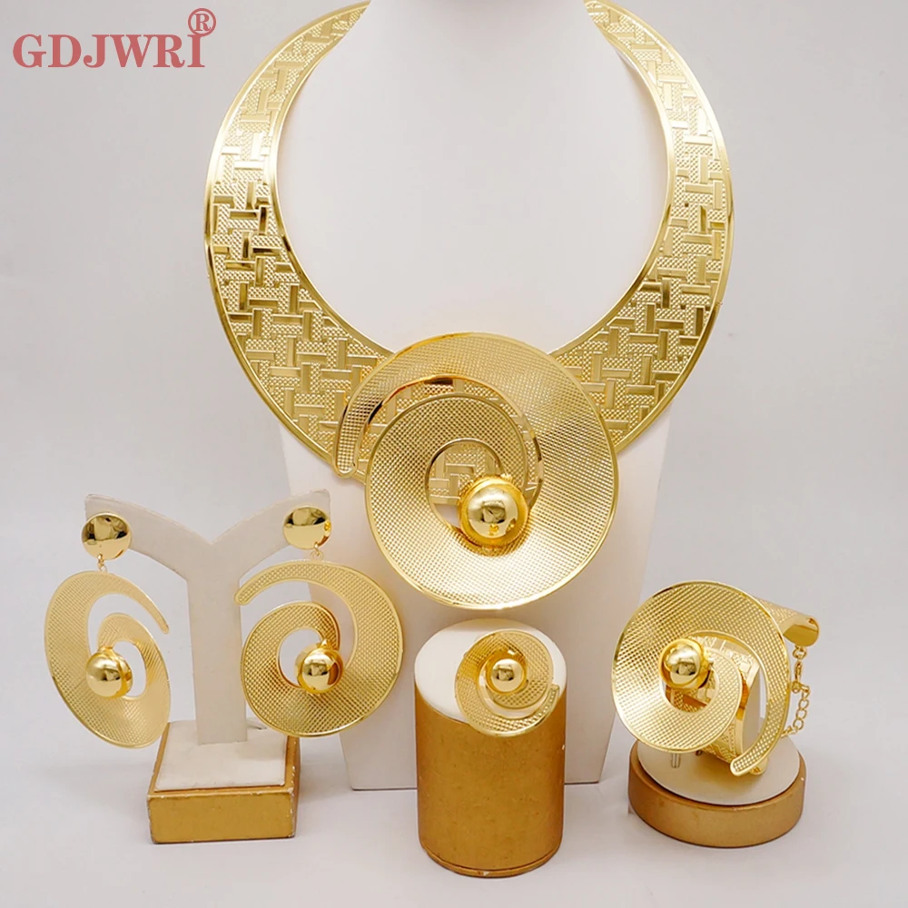 

Fashion For Woman Big Necklace Irregular Pendant Bracelet Earring Ring Jewelry Set Italy Gold Color Plated Jewellery Party Gift