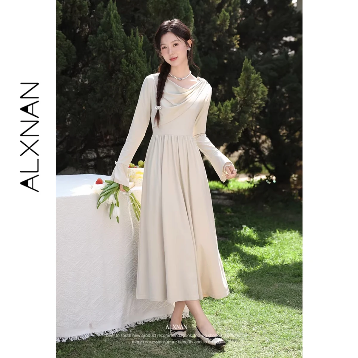 

ALXNAN Women's Khaki Dress Draped Neck Lace Splicing Bell Sleeve A-line Maxi Dress 2026 Spring Fashion Female Clothing L61907