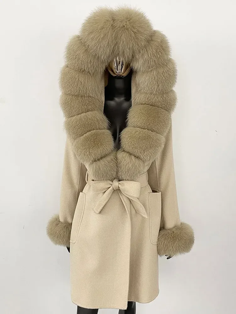 MENINA 2024 New Winter Women Coat Real Natural Fox Fur Belt Double-faced Woolen Blends Jacket Thick Warm Casual Hooded Overwears