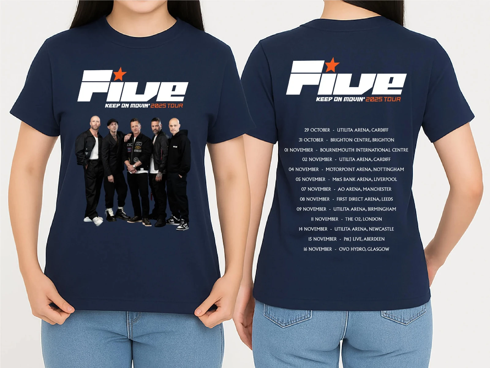 خمسة صبي إبقاء على جولة Movin 2025 الجبهة الخلفية مطبوعة خمسة صبي الفرقة الحفلة قميص الحفل عاشق المحملة الأعلى مهرجان الموسيقى تي شيرت