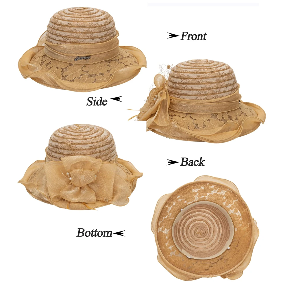 2025Damen Fascinator Millinery Kirchenhut Elegante Schleife Breite Krempe Eimerhüte Kentucky Derby Fedora Damen Sommer faltbare Sonnenkappe – Detail 5
