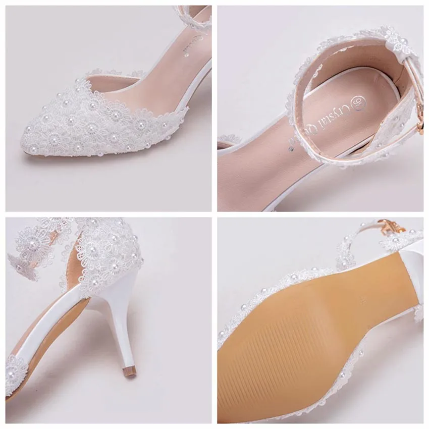 Wedding Shoes Bride White Wedding Shoes Female High Heels Ankle Strap Pumps Women Shoes Rhinestone Lace High Heels Party Shoe#42