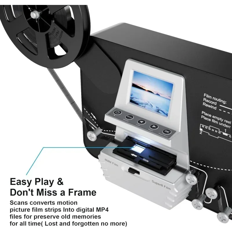 

-8mm & Super 8 Film to Digital Converter, Film Scanner Digitizer with 2.4" Screen, Convert 3” 5” 7” 9” Reels into 1080P
