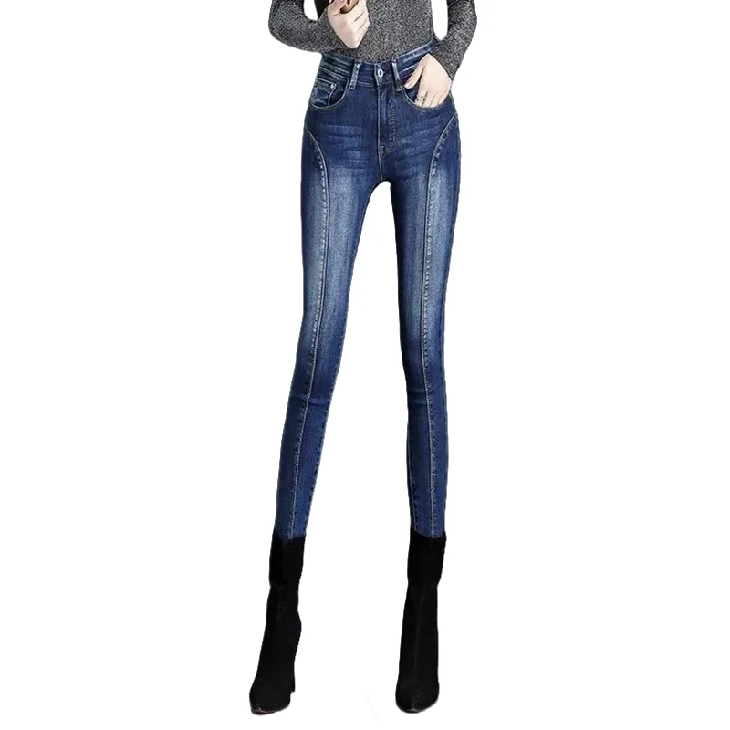 

Синие узкие джинсы с высокой талией для женщин, облегающие джинсовые брюки, узкие эластичные ковбойские брюки-карандаш