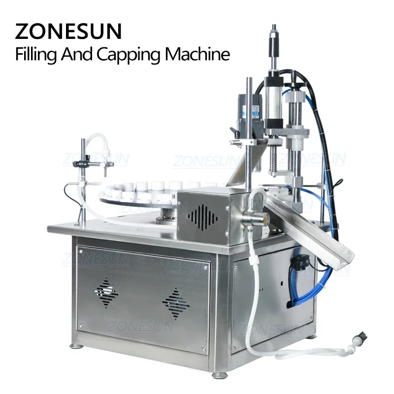 Zonesun 2 em 1 mesa rotativa automática de óleo essencial pequeno reagente frasco de vidro máquina de enchimento e tampagem de garrafas líquidas