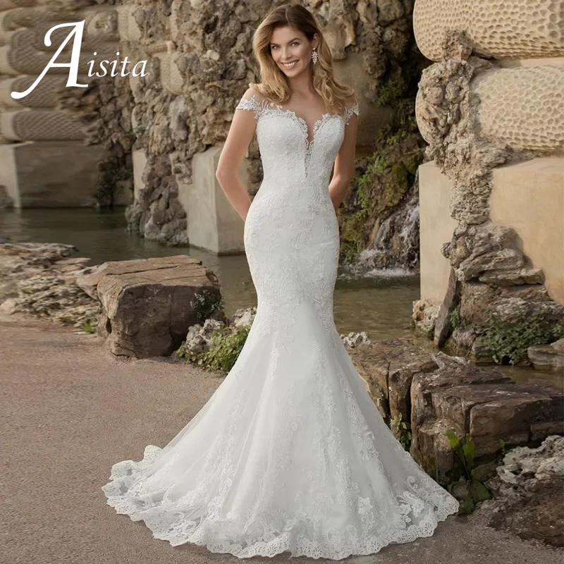

Boho Spaghetti Strap Tulle Sweep Train Mermaid Wedding Dresses Grace Appliques customized Bridal Gown Demure Vestido De Noiva