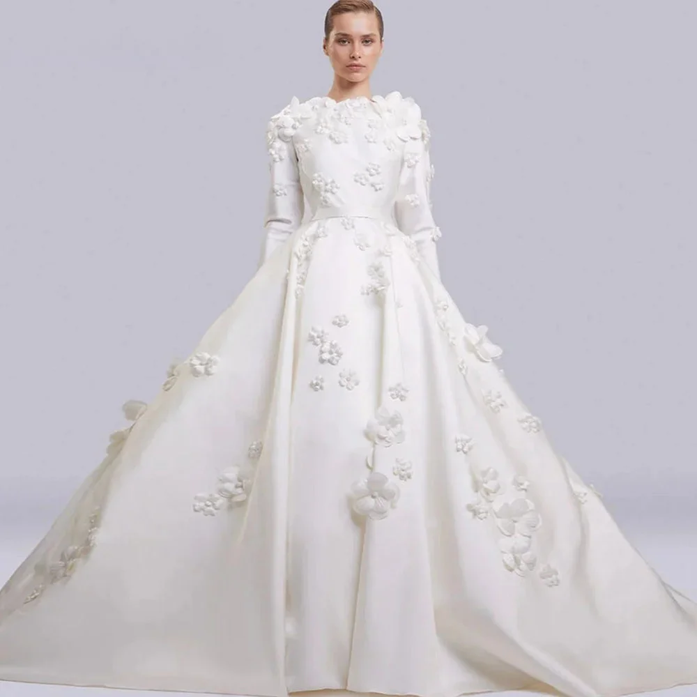 A-Line Wedding Dress Floral Appliques Lace Bride Gowns Elegant Round Neck Long Sleeve Romantic Bride Dress vestido de novia boda