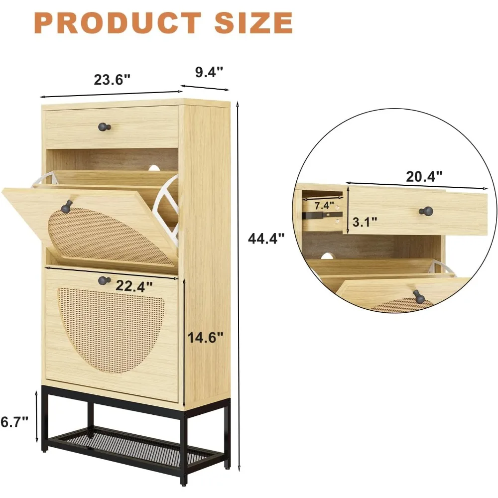خزانة تخزين أحذية الروطان الطبيعي مع أدراج قابلة للطي، تصميم نحيف لمدخل المدخل، منظم أحذية قائم بذاته