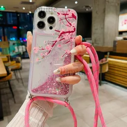 Quicksand Flower Case For iPhone 17 16 14 15 13 11 Pro Max 12 Mini X Plus 16E Clear Strap Liquid Glitter Crossbody Lanyard Cover