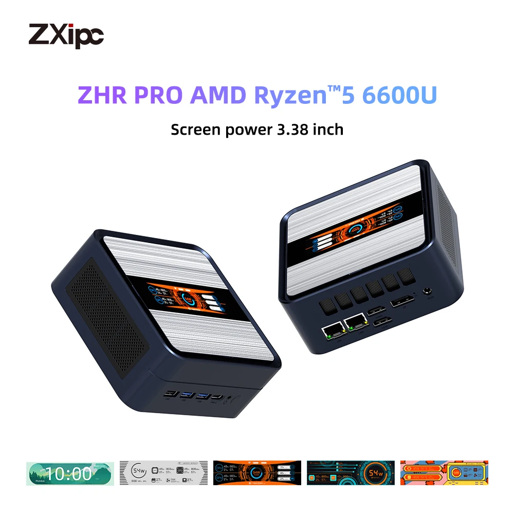 ZXIPC Computer Mini PC AMD AMD Ryzen 5 6600U LPDDR5 PCIe 4.0 SSD Mini LCD Schermo da 3,38 pollici Finestra desktop 11 WiFi 6 BT5.2 Tipo-C