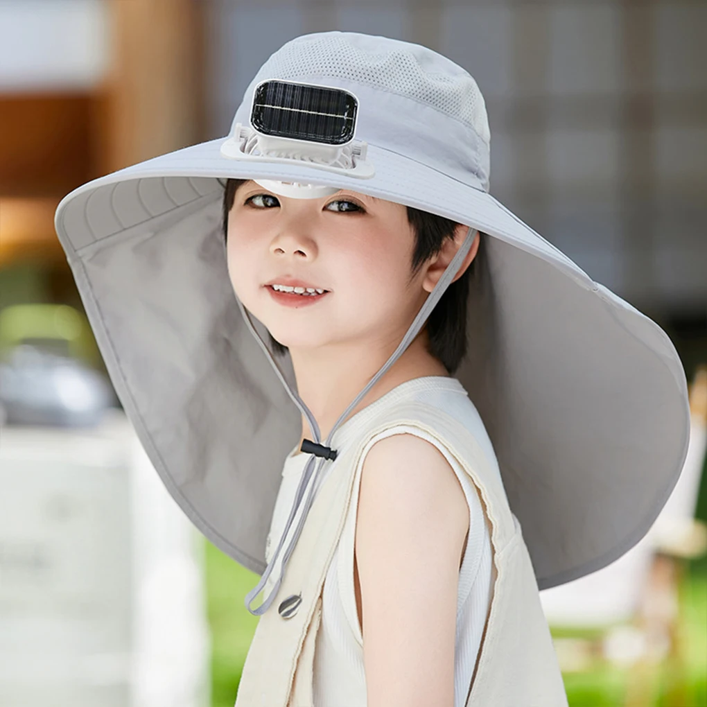 Summer Children Solar Fan Outdoor Fishing Hat Fan USB Solar Charging Big Wind Big Rim Sunblock Hat Visor Fisherman Hat Quick Dry