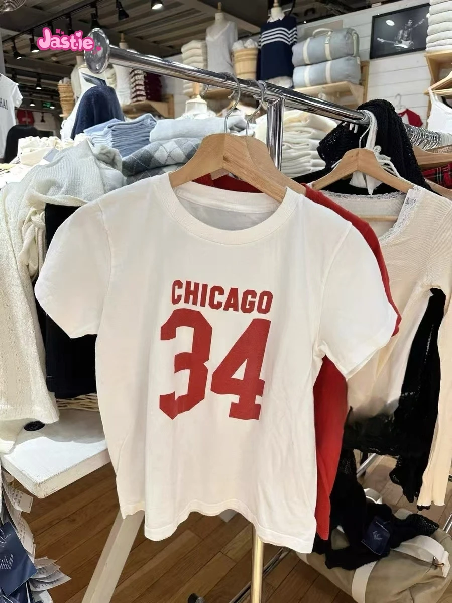 Chicago 34 Red Letter Print Retro Street Women T-shirts Casual White Short Sleeve Summer Tees Round Neck Cotton Y2K Tops Female