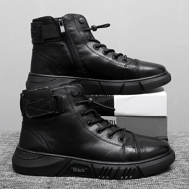 Ankle Boots Black PU Leather Men\'s Sports Shoes Autumn Winter Comfortable High-top Casual Fashion Platform Boots Man Round Head