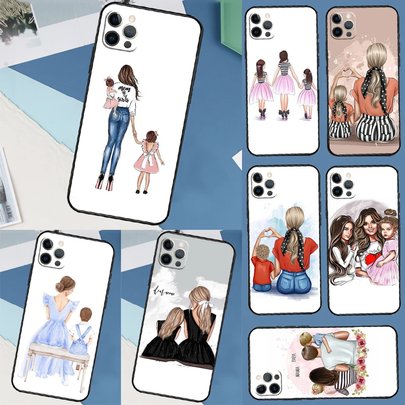 Schwarzbraune Haare Baby Mama Mädchen Sohn Hülle für iPhone 17 Air 15 14 13 12 11 16 Pro Max 13 Mini XR 15 16 Plus 16e Back Cover Shell