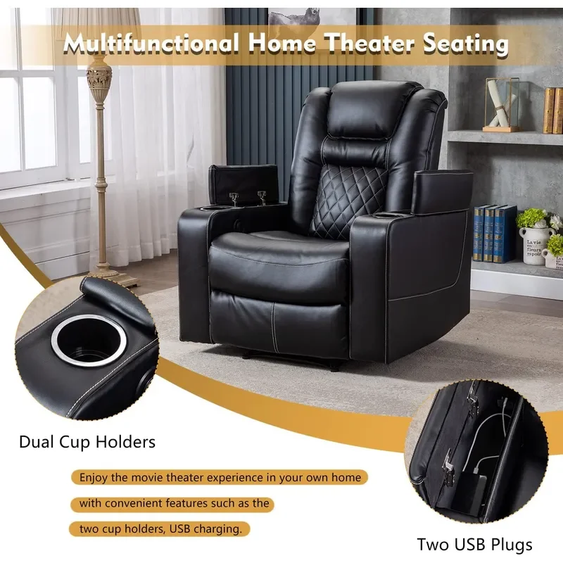 Electric Power Recliner Chair with USB Ports and Cup Holders Breathable Leather Home Theater Seating with Hidden Arm Storage - view 4