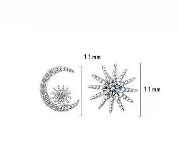 Real 925 Sterling Silver Zircon Moon Star Stud 14K Gold Earrings For Women Asymmetry Cute Fine Jewelry Drop shipping view 4