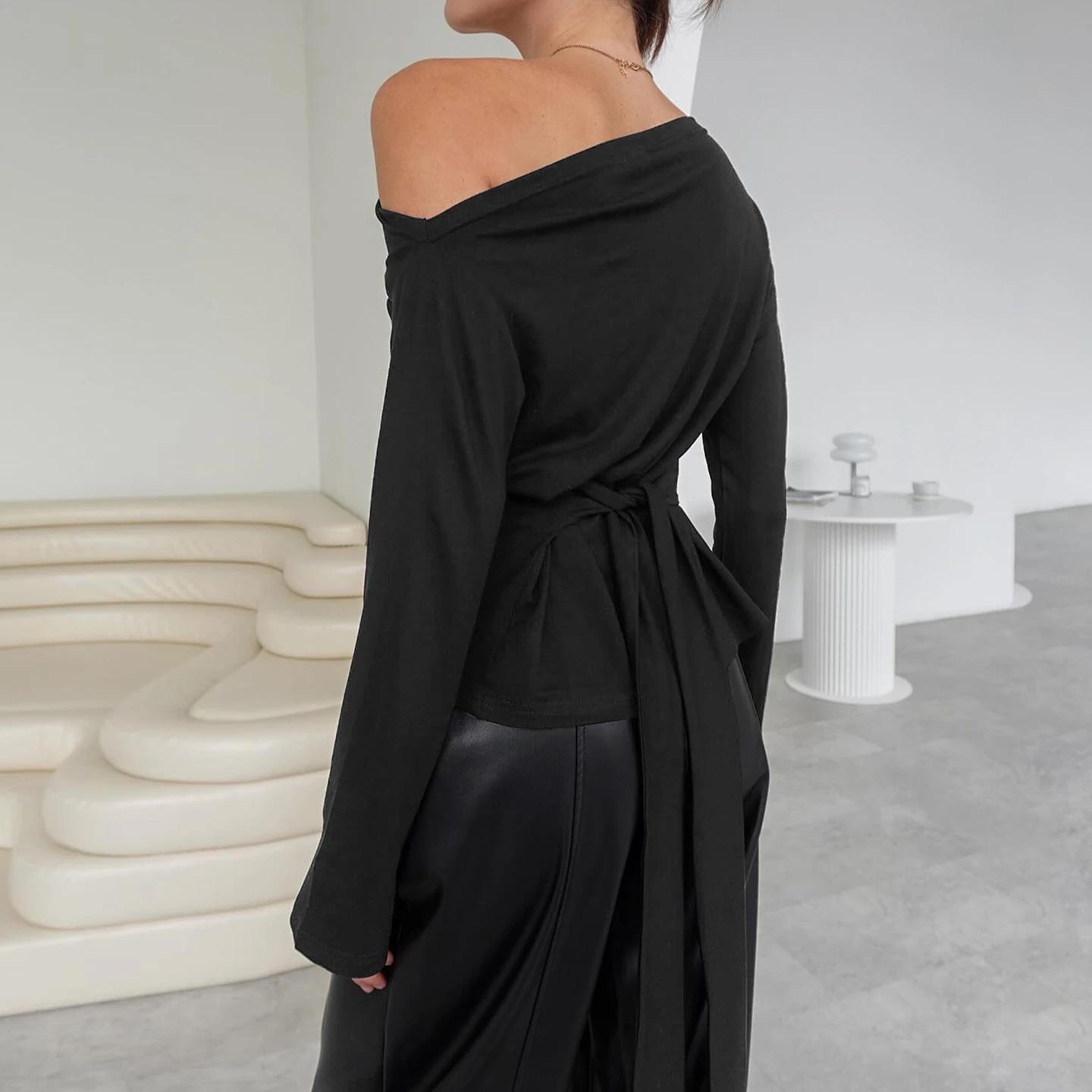 SUCHCUTE Basic Solid Tie-Front T-Shirt Women Casual Skew Collar Long Sleeve Tees Y2k Grunge Streetwear Top Korean Spring Clothes