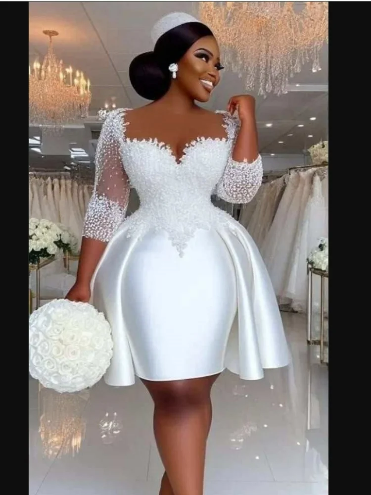 تخصيص محض الرقبة تسلق يزين الخرز فستان الزفاف القصير Vestidos De Novia نصف الأكمام طول الركبة زي العرائس