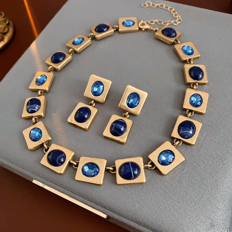 Simple Square Earrings Necklace Silver Needle Inlaid Rhinestone Vintage Drop Earring 2025 Fashion Wedding Bride  Jewelry Set
