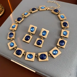 Simple Square Earrings Necklace Silver Needle Inlaid Rhinestone Vintage Drop Earring 2025 Fashion Wedding Bride  Jewelry Set