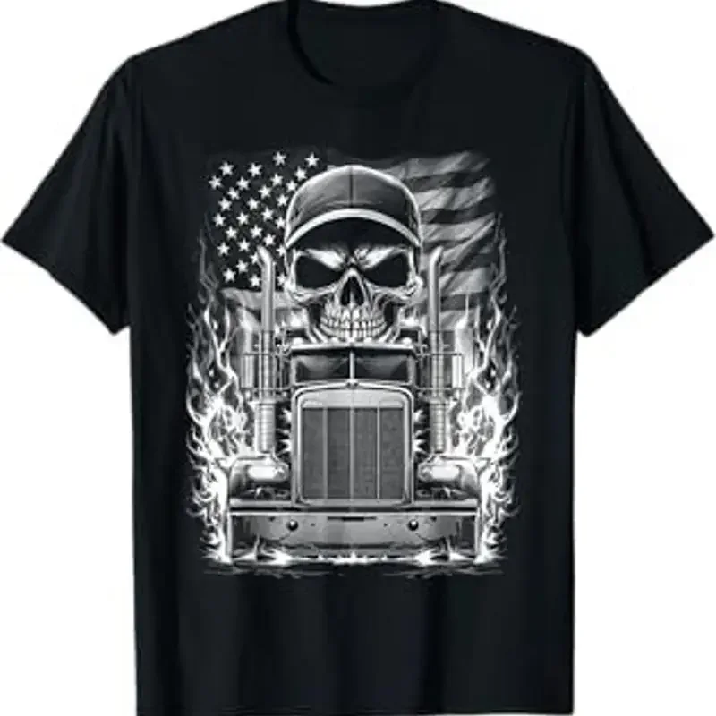 Trucker-T-Shirt mit patriotischer amerikanischer Flagge und Totenkopf-Motiv für LKW-Fahrer